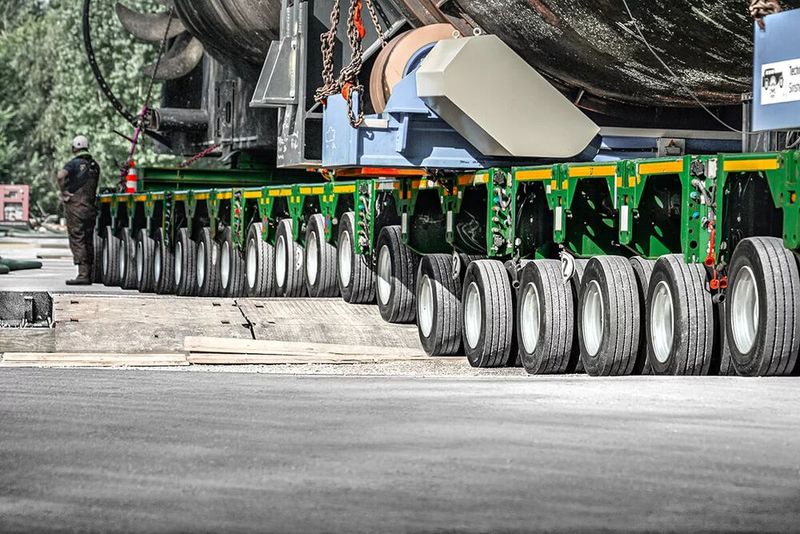 Genau 240 Räder rollten U-17 durch die Ortschaften. Mit 350 Tonnen, 48 Meter Länge und 9 Meter Höhe ein imposanter Anblick. Der Achsausgleich der hier zu sehenden Scheuerle-Intercombis half außerdem beim Ausbalancieren des U-Boots auf dem Ponton. (Bild: TII Scheuerle)
