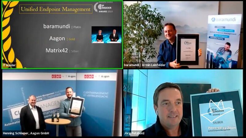 Die Preisträger in der Kategorie „Unified Endpoint Management“ sind: Armin Leinfelder (baramundi) [oben rechts; Platin], Henning Schlieper und Thorsten Kontorzik [l.] (Aagon) [unten links; Gold] und Jörg Petzhold (Matrix42) [unten rechts; Silber]. (Vogel IT-Medien)