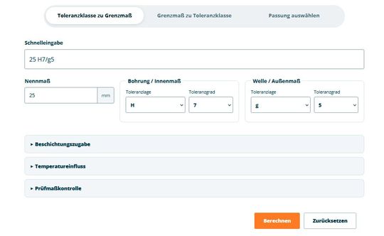 Die Eingabe im Online-Passungsrechner: Aus Nennmaß und Toleranzklasse werden schnell Mintest- und Höchstmaß, Grenzabmessungen, Toleranzfeld und Übermaß ermittelt(Bild:  Instawerk)