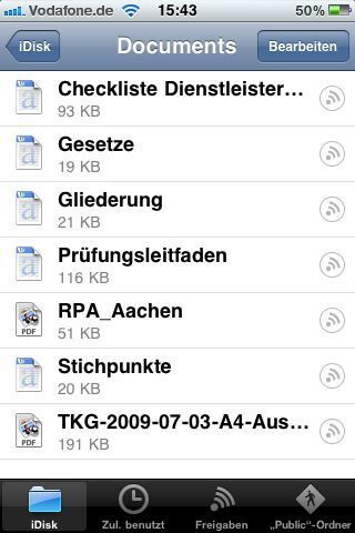 MobileMe iDisk (2): Über die kostenlos erhältliche App MobileMe iDisk an kann man auf alle bei MobileMe gespeicherten Daten zuggreifen. (Archiv: Vogel Business Media)