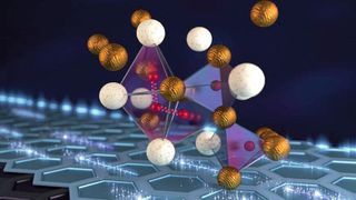 Abbildung einer Zirkonium-Vanadium-Hydrid-Atomstruktur: Das Atomgitter besteht aus Vanadium- (blau) und Zirkoniumatomen (grün), die Wasserstoffatome (rot) einschließen. (Jill Hemman / Oak Ridge National Laboratory, US Dept of Energy)