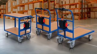 Wagensysteme von BS Rollen (v.l.): Rolltischwagen, Stirnwandwagen sowie Schiebebügelwagen. (Bild: BS Rollen)