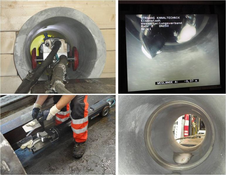 Muffensanierung am Rohrprüfstand für Faserzementrohre mit einem Standardroboter (Bild: TU Wien)