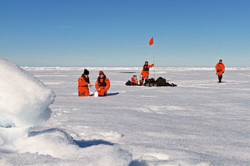 Wissenschaftlerinnen des Alfred-Wegener-Instituts sind mit dem Bordhelikopter des Forschungseisbrechers Polarstern gekommen, um Schneeproben auf dem Meereis zu nehmen. (Alfred-Wegener-Institut / Mine Tekman)