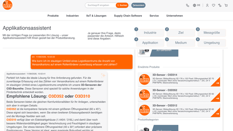 Applikationsansicht der KI-gestützten Suche von ifm.(Bild:  ifm Electronics / diva-e Conclusion)