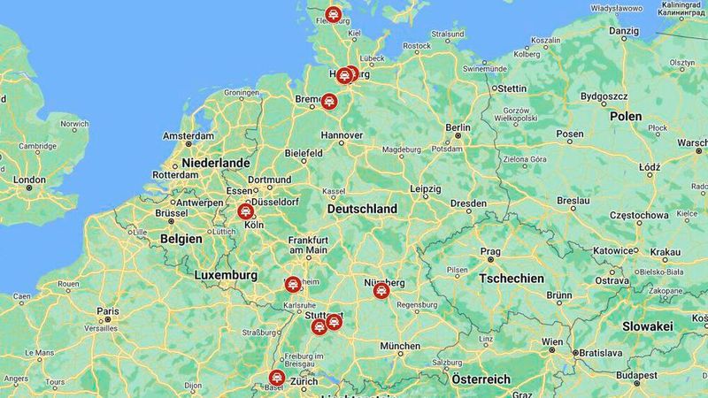 Das waren die zehn Stationen, an denen die Jury auf ihrer Rundreise Halt gemacht hat. Zwischen Lörrach ganz im Süden und Flensburg ganz im Norden liegen gut 1.000 Kilometer und über zehn Stunden Fahrt. (Bild: Screenshot/Google Maps)