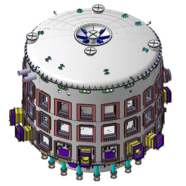 Welded together from thick stainless steel plates measuring between 40 and 180 millimetres, the ITER cryostat will completely surround the ITER Tokamak, forming the world's largest high-vacuum chamber. (Bildquelle: ITER Organization)