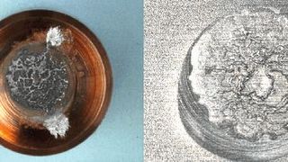 Links: konventionell gefräste Schweißkappe mit geschädigter Kontaktfläche.
Rechts: dazugehörige Blechoberfläche.
 (Bild: GSImbH, Niederlassung SLV München)