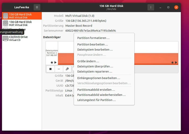 Verwalten von Partitionen in der Laufwerksverwaltung von Ubuntu und CentOS. (Joos (Screenshot))