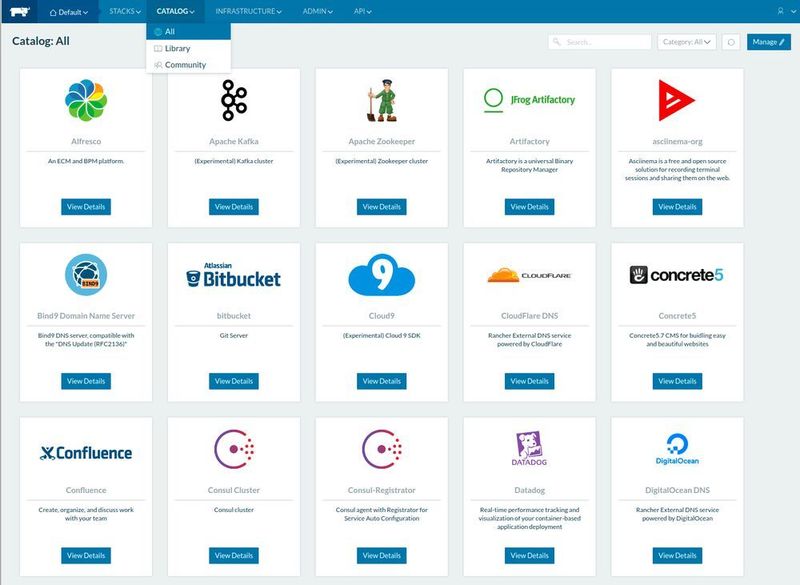Der Screenshot zeigt eine Reihe von Templates, die im Catalog als Basis zur Erstellung von neuen Services zur Verfügung stehen. Dabei sind einfache Vorlagen dabei, die unter Umständen nur einen einzelnen Container benötigen. Es gibt aber auch komplexe Vorlagen mit hochverfügbar ausgelegten Diensten, die sich über mehrere Container verteilen. (Gonicus)