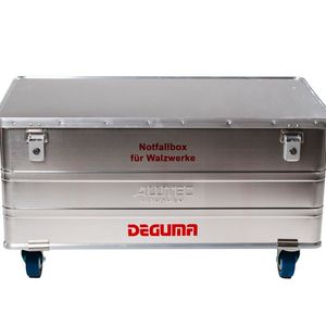 So sieht die Deguma-Notfallbox für Walzwerke in der Gummiverarbeitung von außen aus. Sie steht auf vier Rollen, ist verplompt, aber nicht abschließbar, damit keine wertvolle Zeit vergeht, wenn Leben und Gesundheit auf dem Spiel stehen.(Bild:  Deguma)