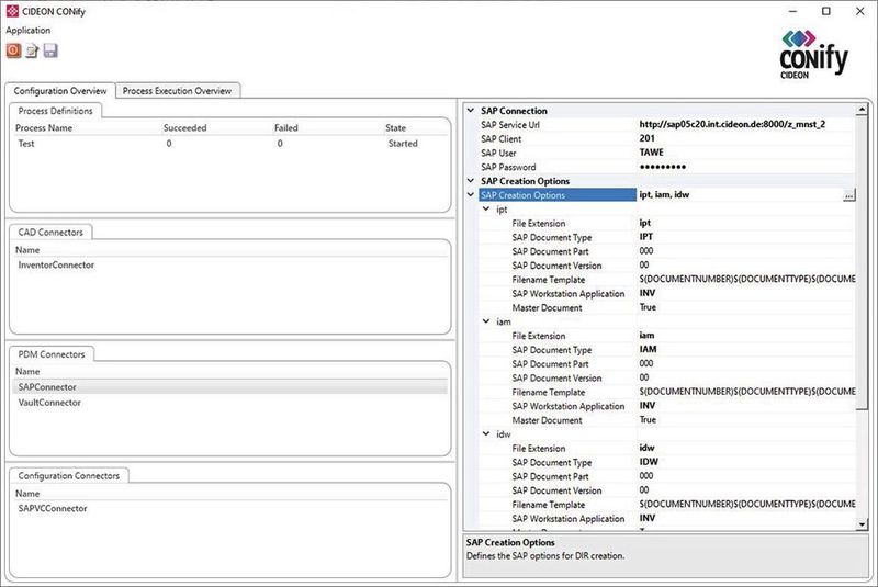 Cideon Conify mit unterschiedlichen Einstellungsmöglichkeiten der einzelnen CAD- und PDM-Konnektoren zur Verwendung im Prozess. (Bild: Cideon)