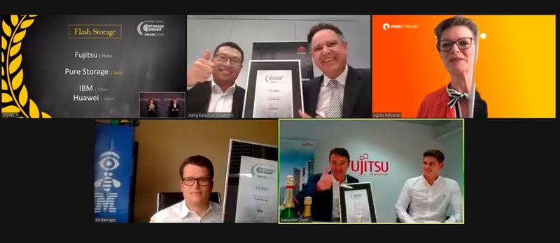 In der Kategorie „Flash-Storage“ nahmen Alexander Tlusti (Fujitsu, Platin, u.r.), Agnes Pakowski (Pure Storage, Gold, o.r.), Thorsten Rapp (IBM, Silber, u.l.) und Jörg Karpinski (Huawei, ebenfalls Silber, o.M.) die Awards für ihre Unternehmen entgegen. (Bild: Vogel IT-Medien)