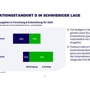 29 Prozent der befragten Chemie- und Pharmaunternehmen rechnen mit rückläufigen F&E-Ausgaben in Deutschland. 41 Prozent wollen Forschungsausgaben für ihre Auslandsstandorte erhöhen.(Bild:  VCI)
