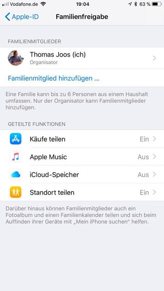 Über die Apple-ID-Einstellungen kann der Organisator das Team (Familiengruppe) verwalten. (iCloud.com)
