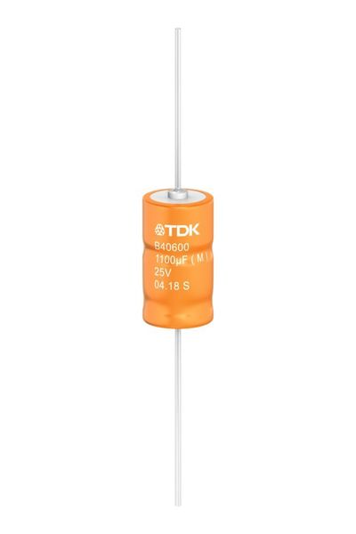 Bild 5: Weltweit erster Hybrid-Polymer-Alu-Elko in axialem Design mit einer Kapazität von 1100 µF und einem extrem geringen ESR von nur 3 mΩ. (TDK Corporation)