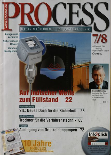 Juli/August 2004   Top Themen:  - Auf indischer Welle zum Füllstand - SIL: Neues Dach für die Sicherheit - Trockner für die Verfahrenstechnik - Auslegung von Drehkolbenpumpen (Bild: PROCESS)