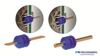 Mit dem Know-how von Freudenberg Sealing Technologies können runde und eckige Busbars noch anwendungstauglicher werden. Hier sind solche mit stoffschlüssig umspritzen Elastomerdichtgeometrien zu sehen (unten). Darüber die jeweilige Einbausituation. (Bild: Freudenberg Sealing Technologies)
