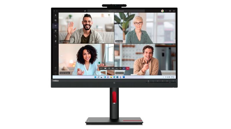 Im ThinkVision VOIP T27hv-30 mit QHD-Panel ist eine Webcam mit 5-MP-Sensor und Windows-Hello-Unterstützung eingebaut. Eine eigene Teams-Taste und eine Anzeigeleuchte für laufende Gespräche sind ebenfalls eingebaut. (Bild: Lenovo)