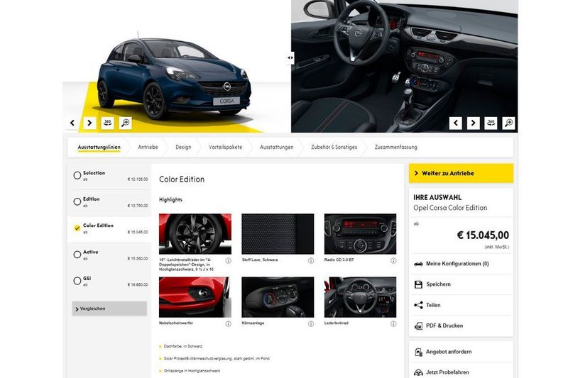 Platz 8: Der Konfigurator von Opel ist optisch ansprechend – leider sind die Ladezeiten viel zu lang. (Screenshot Opel)