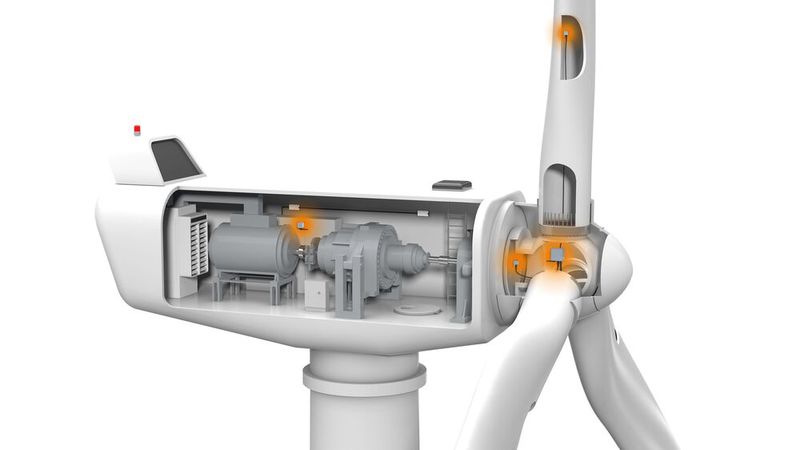 Condition monitoring via sensors: Bladecontrol collects data from various areas of the wind turbine.(Image: Weidmüller)