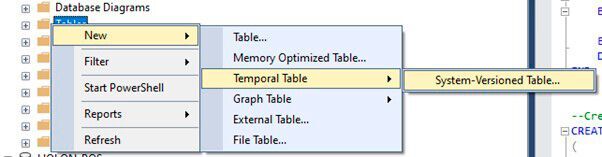 Temporale Tabellen lassen sich auch mit dem MS SQLSERVER MANAGEMENT STUDIO erzeugen.
