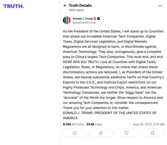 Abb. 2: Auf dem US-Social-Media-Portal Truth Social wetterte US-Präsident Trump im August 2025, gegen Länder, die „diskriminierende“ Digitalsteuern und -regulierungen gegen US-Tech erheben und drohte mit hohen Zusatzzöllen und Exportbeschränkungen.(Bild:  Truth Social Screenshot)