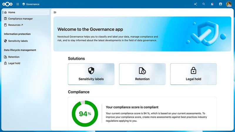 Nextcloud Governance ist eine der Neuerungen in Nextcloud Hub 26 Spring. Das Tool ermöglicht regulierten Organisationen ein Compliance-Management. (Bild: Nextcloud)