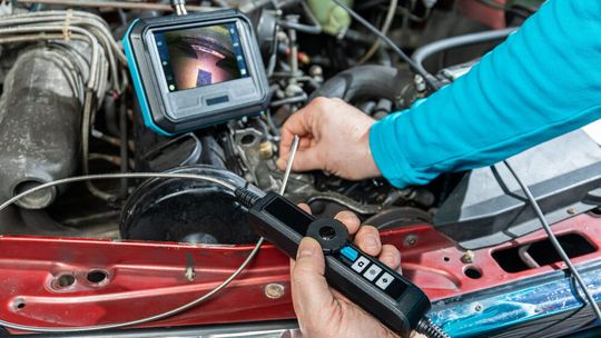 Über das Handteil kann der Anwender den Schwenkwinkel der 180-Grad-Sonde über das Drehrad bestimmen und wenn nötig auch feststellen. (Bild:  Hazet)