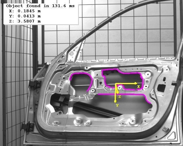 Perspektivisches, deformierbares Matching erkennt kantenbasiert perspektivisch verzerrte Objekte mit ausgeprägten kanten- und flächenbetonten Elementen, wie hier eine schräg gestellte Autotür. Bild: MVTec (Archiv: Vogel Business Media)