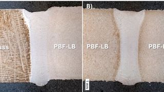 Am Fraunhofer-IPK wird untersucht, wie Nickelsuperlegierungen additiv vearbeitet werden können. Hier per Elektronenstrahl geschweißte I-Nähte an einem Blech aus Inconel 939 (IN939). A): Materialkombination aus Guss- und AM-Komponente. B) Reines additiv verarbeitetes Material. (Bild: Fraunhofer-IPK)