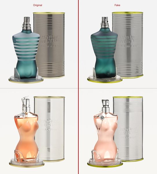 Plagiarius 2015  -  Auszeichnung Parfums „Jean Paul Gaultier Classique“ und „Jean Paul Gaultier Le Male“ Links Originale:	Beaute Prestige International GmbH, Düsseldorf (Deutschland) /  			Beaute Prestige International S.A., Paris (Frankreich) Rechts Fälschungen:	Vertrieb: Carry Forward Import and Export Co., Ltd., Shenzhen, VR China 			Bestimmungsland: Spanien Diese Fälschungen wurden im November 2014 gemeinsam mit diversen weiteren Parfum-Fälschungen renommierter Hersteller (insgesamt ca. 28.500 Stück) vom Hamburger Zoll beschlagnahmt und aus dem Verkehr gezogen.  (Bild: Aktion Plagiarius e.V.)