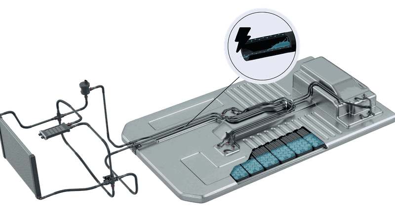 Voss Automotive hat Komponenten für die sogenannte Immersionskühlung von Akkus entwickelt.(Bild:  Voss Automotive)