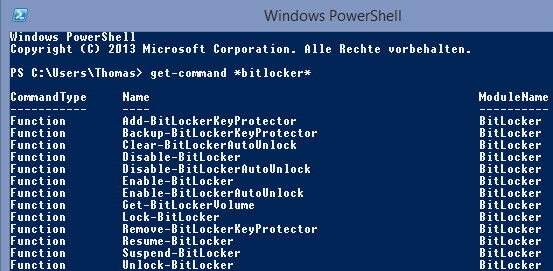BitLocker lässt sich auch in der PowerShell verwalten. Die dazu notwendigen Befehle zeigt Windows mit get-command *bitlocker* an. Enable-BitLocker aktiviert die Verschlüsselung zum Beispiel. (Bild: Joos)