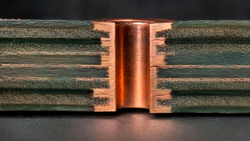 Symbolbild: Thermische Wechselbelastungen können die Anbindung einer Durchkontaktierung an die Innenlagen schädigen. Der IST erfasst den Defekt über die Veränderung des elektrischen Widerstands.(Bild:  Dall-E / KI-generiert)