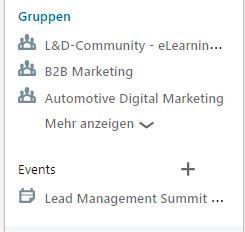 Auf Ihrer LinkedIn-Startseite befindet sich auf der linken Seite unter Ihren Gruppen der neue Reiter „Events“. Mit Klick auf das „+“-Symbol öffnet sich ein neues Fenster, in dem Informationen und Details zum Event hinterlegt werden können.  (Screenshot LinkedIn)