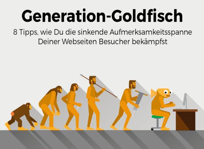 Vom Affen – zum Menschen – zum Goldfisch? Videoboost hat eine Infografik erstellt, die sich damit beschäftigt, wie man die sinkende Aufmerksamkeitsspanne von Webseitenbesucher bekämpfen kann. (© 2016 Videoboost)