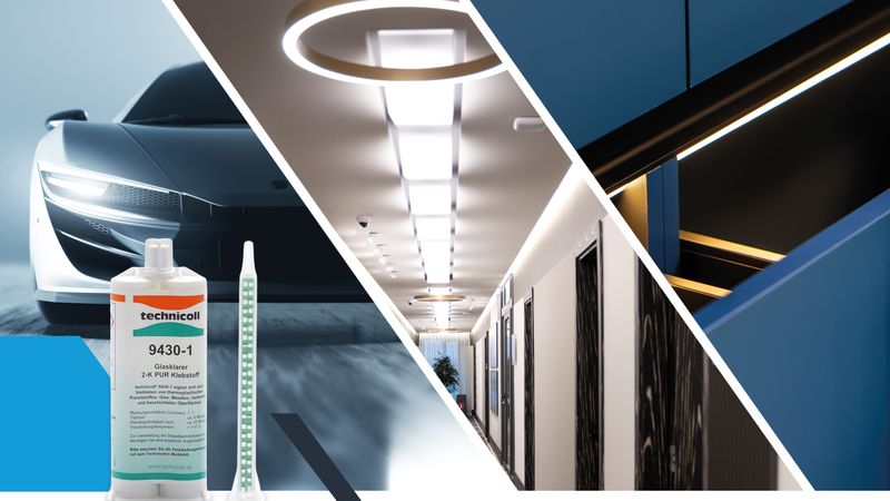 Der glasklare Konstruktionsklebstoff Technicoll 9430-1 ermöglicht sanftes LED-Licht in Hotelfluren, strahlende Leuchtreklamen sowie sicheren Halt für Scheinwerfer und Leuchtleisten. (Bild:  Ruderer)
