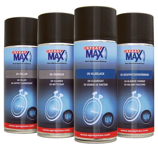 Neu sind UV-Lacke nicht – auch nicht in der Dose. Neu aber ist, dass es mit Spray-Max von Kwasny erstmals solche als vollständig aufeinander abgestimmte Serie gibt. Mit ihrer Hilfe können Werkstätten bei der Kleinschadenlackierung bis zu 75 Prozent Zeit einsparen.(Bild:  Kwasny)