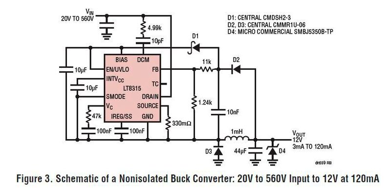 Bild 3: Schaltplan eines nicht-isolierten Abwärtswandlers zur Umwandlung einer zwischen 20 V und 560 V betragenden Eingangsspannung in 12 V bei 120 mA.  (Bild: Linear Technology)