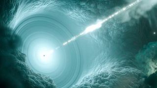 Künstlerische Darstellung des aktiven Galaxienkerns. Das supermassive Schwarze Loch im Zentrum der Akkretionsscheibe schickt einen energiereichen, scharf gebündelten Teilchenstrahl senkrecht ins All.  (DESY, Science Communication Lab)