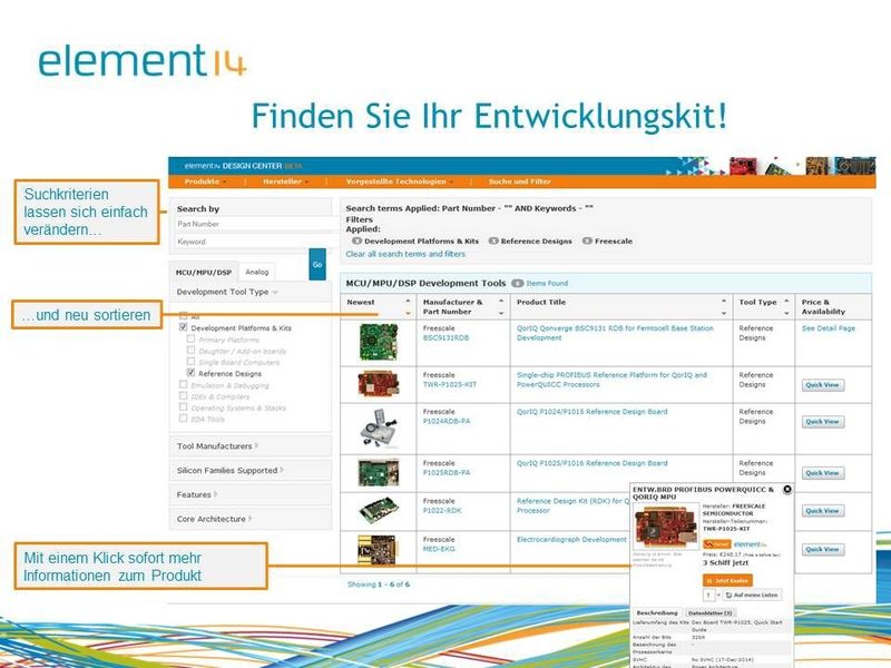 Folie 03: Zahlreiche Suchfunktionen unterstützen den Kunden dabei, das für ihn optimale Entwicklungskit zusammenzustellen. (Bild: Farnell element14)