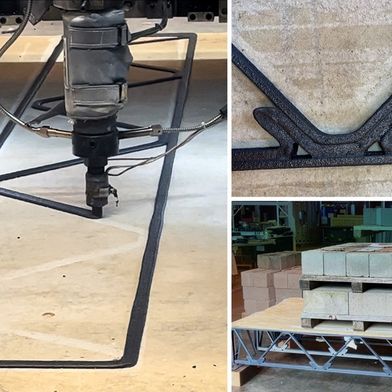 Links trägt das großformatige 3D-Druckersystem HAUS des MIT die erste Schicht eines 3D-gedruckten Bodenträgers aus Polymerverbundwerkstoff auf. Rechts ist eine Nahaufnahme einer Kerbverbindung zu sehen, und das montierte Bodensystem wird einer Biegeprüfung mit einer Betonblocklast von ca. rund 900 Kilo in der Mitte unterzogen.
 (Bild: Mit freundlicher Genehmigung der Forschenden am MIT)