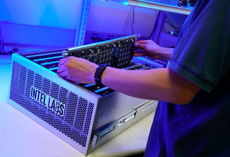 Intels neuromorphes Computersystem Pohoiki Springs besteht aus fünf Racks, die 24 Nahuku-Boards mit insgesamt 768 Loihi-Chips sowie drei Arria-10-FPGA-Boards in einem Gehäuse vereinen. Das System dient der Entwicklung komplexer neuromorpher Algorithmen und zieht 300W Leistung.