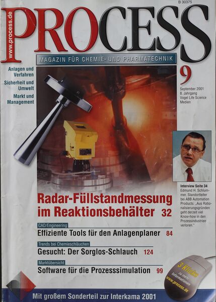 September 2001   Top Themen:  - Radar-Füllstandmessung im Reaktionsbehälter - Effiziente Tools für den Anlagenplaner - Gesucht: Der Sorglos-Schlauch - Software für die Prozesssimulation (Bild: PROCESS)