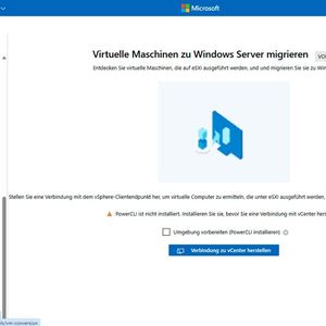 Startseite der VM-Konvertierungserweiterung, auf der zunächst die Verbindung zu einem vCenter-Server hergestellt wird, bevor VMware-VMs erkannt und migriert werden können.(Bild:  Microsoft - Joos)