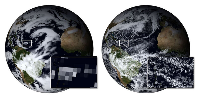 Das Bild zeigt Wolken an einem Februartag in Simulationen mit der bei CMIP6-Simulationen (hier: MPI-ESM HR) verbreiteten Auflösung von zirka 80 Kolometer  (links) und in der mit Hilfe von „ESiWACE“ ermöglichten Auflösung von 2,5 km (hier: ICON R2B10, rechts). Das CMIP6-Modell erfasst zwar großräumige Wolkenformation in der Karibik, die hochauflösende „ICON“-Simulation stellt aber zusätzlich auch die Details der Wolkenstrukturen und damit das Verhalten verschiedener Wolkentypen dar. Mit der wesentlich detailreicheren Darstellung der atmosphärischen Zirkulation werden drastisch verbesserte Klimavorhersagen erwartet, sobald hinreichend lange Zeiträume simuliert werden können. Die Wettersituation beider Simulationen unterscheiden sich, da die Modelle mit unterschiedlichen Startdaten initialisiert wurden. 