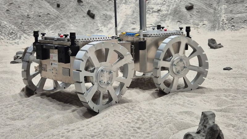 Der Marsrover mit den innovativen Rädern, die nach dem Vorbild einer Wüsteneidechse durch Sand „schwimmen“ können.(Bild:  Marco Schmidt / Uni Würzburg)