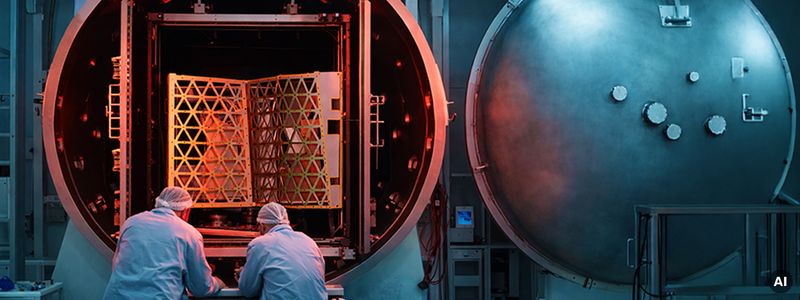 Two scientists in front of a vacuum chamber used for testing: As technical instruments for spaceflight become more sensitive, the test facilities are becoming a critical system.(Source:  Busch Group)