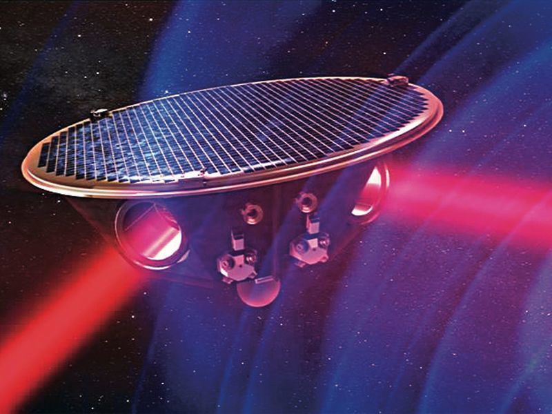 Blick in die Zukunft: Die eLISA-Mission wird Gravitationswellen im Weltall messen. Sie besteht aus drei Satelliten im Abstand von Millionen von Kilometern. Mittels Laserlicht werden die Forscher die winzigen Abstandsänderungen bestimmen, die vorbeirasende Gravitationswellen erzeugen. (Bild: © AEI/MM/exozet / GW-Simulation: NASA/C. Henze)